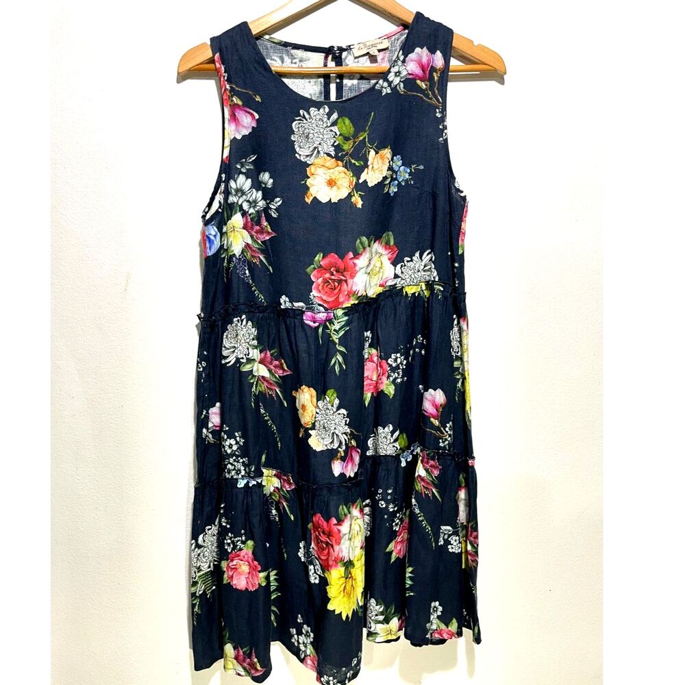 Le Ragarre 100% linen dress Italy tiered muddy floral dark romantic women S New